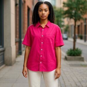 Rails Mackinley 100% Linen Hot Pink Button‎ Down Short Sleeve Shirt
